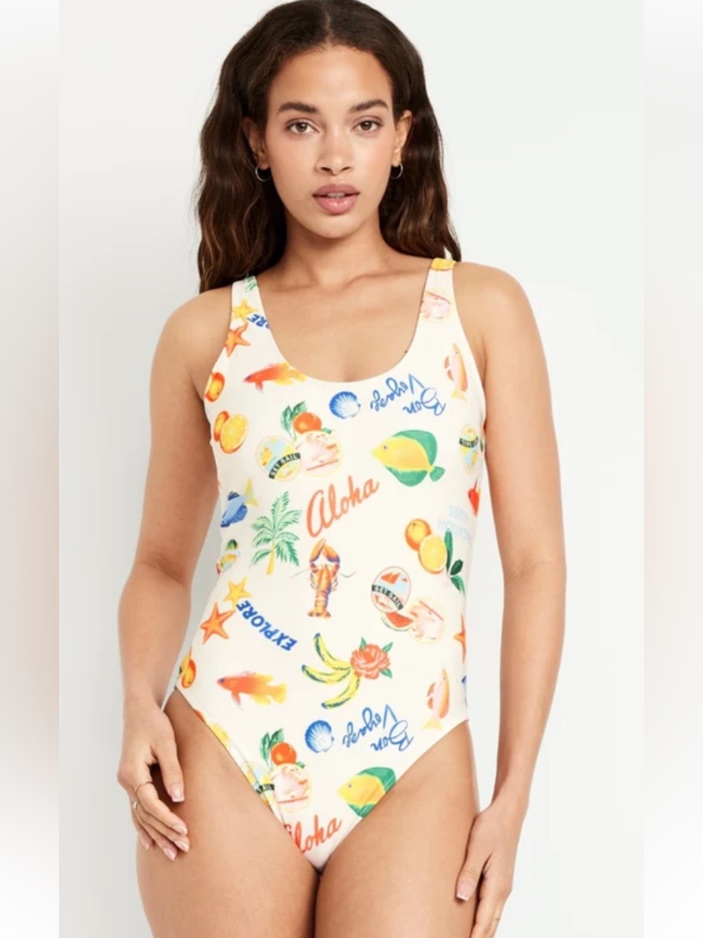 NWT Old Navy Vacation Vibes One-Piece Swimsuit in Off-White with Tropical Print